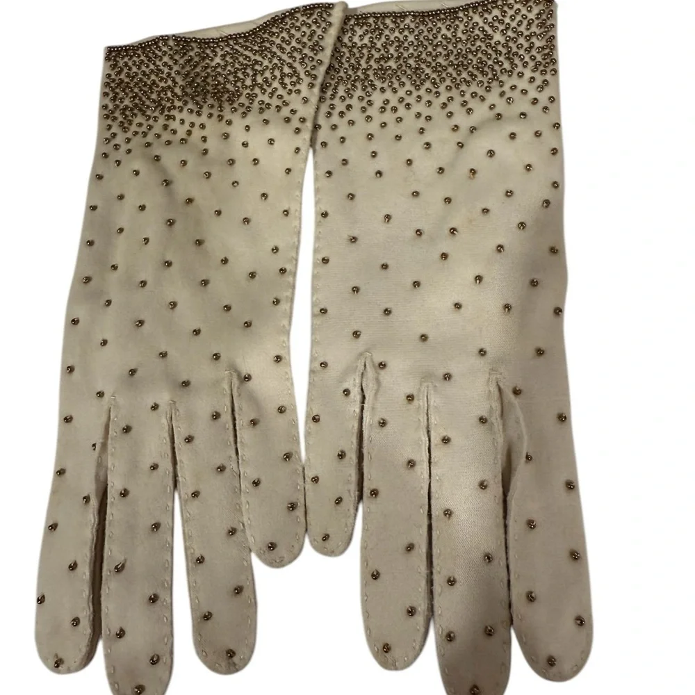 Simplex Vintage Evening Gloves Size 6 1/2 With Gold Beading at cuff Off White